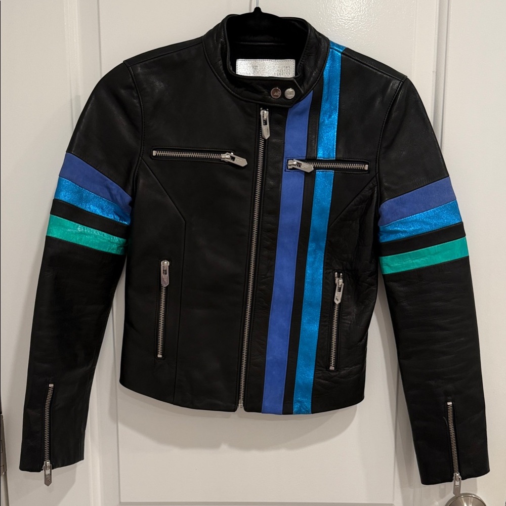 THE MIGHTY COMPANY Black Leather Jacket with Blue and Green Stripes